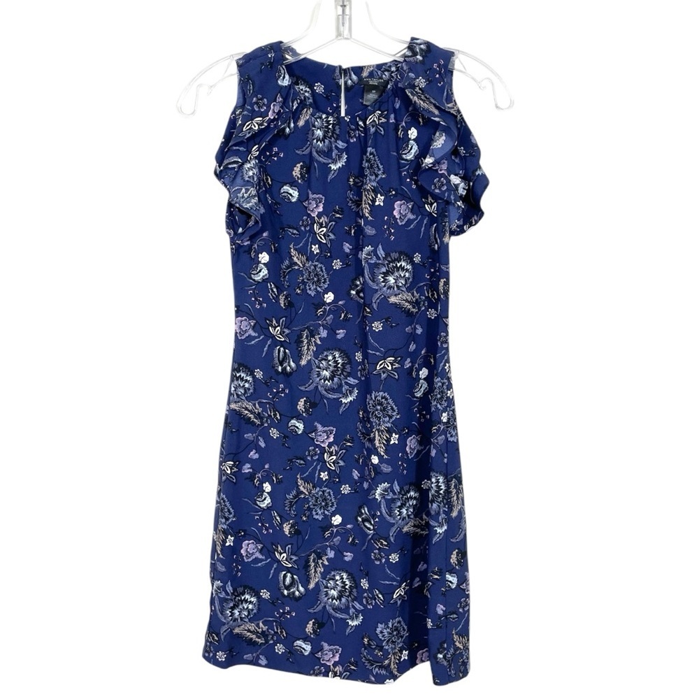 Ann Taylor Factory Petite Blue Floral Sleeveless Ruffle Shift Dress Size 0P